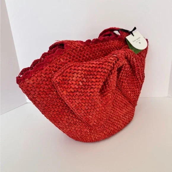 NWT ♠️ Kate Spade Target Raffia Bow Large Tote Bag Red Woven Straw Summer Purse - Picture 3 of 10